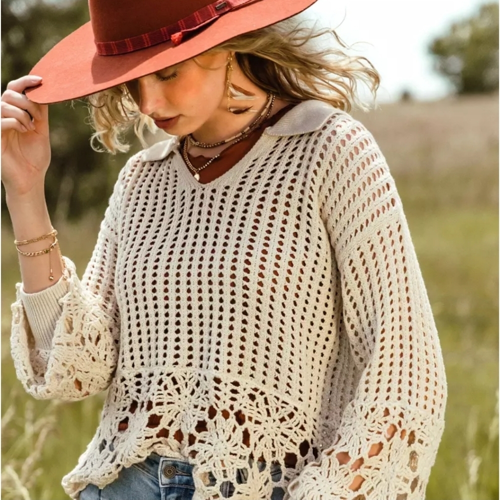 Gimmicks Cream Crochet Women Sweater